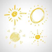 Hand drawn suns. Set of four simple sketch suns. Solar symbol. Yellow doodle isolated on white background. Vector illustration.