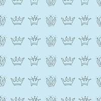 Hand drawn crowns. Seamless pattern of simple graffiti sketch queen or king crowns. Royal imperial coronation and monarch symbols. Black brush doodle isolated on blue background. Vector illustration.