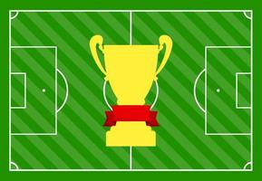 campo de fútbol con césped verde y con una copa de oro con una cinta roja. ilustración vectorial vector