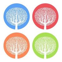 Set of four white trees with leaves on colorful round background. Vector illustration