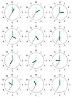 A set of mechanical clocks with an image of each of the twelve hours. Clock face on white background. vector