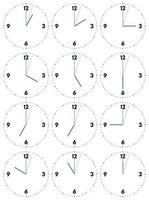 A set of mechanical clocks with an image of each of the twelve hours. Clock face on white background. vector