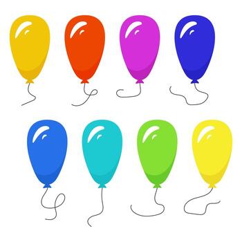Set of eight colorful balloons with a string isolated on white background. Vector illustration