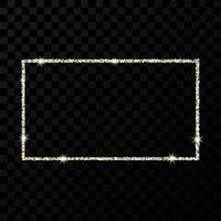 Silver glitter frame. Rectangle vertical frame with shiny stars and sparkles on dark transparent background. Vector illustration