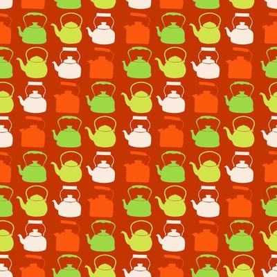 Seamless Colorful Pattern with Kettle. Vector background with different teapots. Endless kitchen texture.