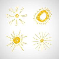 Hand drawn suns. Set of four simple sketch suns. Solar symbol. Yellow  doodle isolated on white background. Vector illustration.