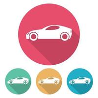 Set of four flat style cars in multi colored circles with shadow. Vector illustration
