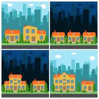 Set of vector day and night city with cartoon houses and buildings. City space with road on flat style background concept. Summer urban landscape. Street view with cityscape on a background