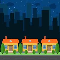 Vector night city with cartoon houses and buildings. City space with road on flat style background concept. Summer urban landscape. Street view with cityscape on a background