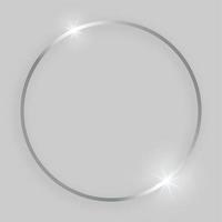 Shiny frame with glowing effects. Silver round frame with shadow on grey background. Vector illustration