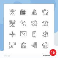 Mobile Interface Outline Set of 16 Pictograms of manufacturing digital chichen itza trees bench Editable Vector Design Elements