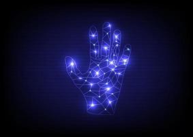 Abstract open palm in form of wireframe with glowing lights. Vector hand up illustration on blue background