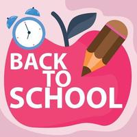 Back to school banner design with letters, apple, pencil and alarm clock. Realistic vector illustration