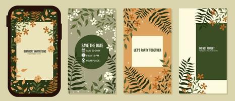 birthday invitation templates. social media stories. foliage hand drawn style. use for online invitations vector
