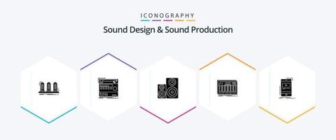 Sound Design And Sound Production 25 Glyph icon pack including keyboard. studio. module. speaker. hifi vector