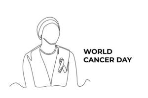 Continuous one line drawing woman struggle with ribbon as cancer symbol. World cancer day concept. Single line draw design vector graphic illustration.