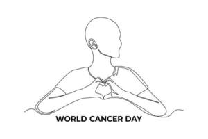 Continuous one line drawing woman struggle with cancer show heart love hand gesture. World cancer day concept. Single line draw design vector graphic illustration.