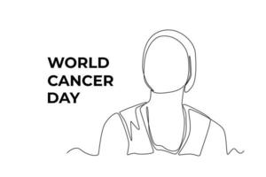 Continuous one line drawing woman struggle cancer with cap. World cancer day concept. Single line draw design vector graphic illustration.