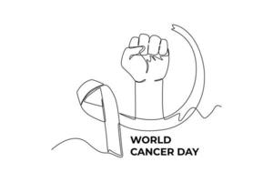 Continuous one line drawing hand holding ribbon and giving support to fight against cancer. World cancer day concept. Single line draw design vector graphic illustration.