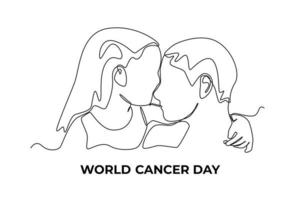 Continuous one line drawing little girl giving support to her mom's cancer. World cancer day concept. Single line draw design vector graphic illustration.