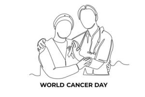 Continuous one line drawing doctor gives supporting to female cancer patient. World cancer day concept. Single line draw design vector graphic illustration.