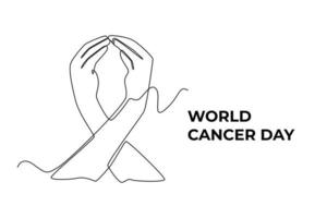 Continuous one line drawing hands forming a Heart sign for support against cancer. World cancer day concept. Single line draw design vector graphic illustration.