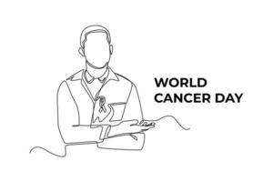 Continuous one line drawing happy doctor man gives supporting people living and illness. World cancer day concept. Single line draw design vector graphic illustration.
