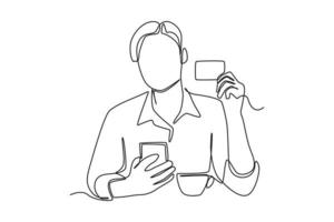 Single one line drawing Young man buy takeaway cup coffee at bar counter holding payment credit bank card. Cashless payment concept. Continuous line draw design graphic vector illustration.