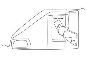 Single one line drawing A driver is sticking an e-toll card on a payment machine. Cashless payment concept. Continuous line draw design graphic vector illustration.