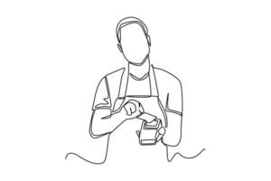 Single one line drawing Young man barista in coffee shop using wireless bank payment terminal for transactions. Cashless payment concept. Continuous line draw design graphic vector illustration.