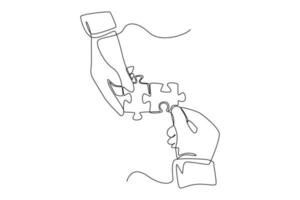 Continuous one line drawing Hands put the puzzle pieces together . Team work concept. Single line draw design vector graphic illustration.