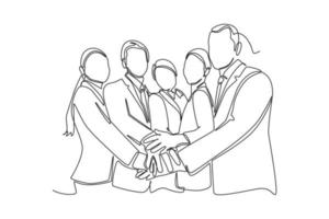 Continuous one line drawing group of happy businessman and woman unite their hands together form Stack of hands. Team work concept. Single line draw design vector graphic illustration.