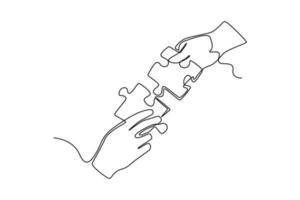 Continuous one line drawing Hands put the puzzle pieces together . Team work concept. Single line draw design vector graphic illustration.