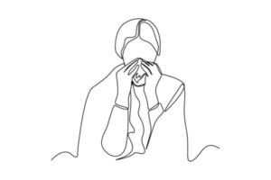 dibujo de una sola línea mujer malsana que sopla la nariz sufre de gripe o resfriado. concepto de fiebre y gripe. ilustración de vector gráfico de diseño de dibujo de línea continua.