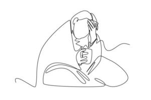 Single one line drawing Sick young woman in blanket sitting on drinking hot tea. Sick people concept. Continuous line draw design graphic vector illustration.