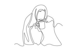 Single one line drawing Sick young woman in blanket sitting on drinking hot tea. Sick people concept. Continuous line draw design graphic vector illustration.