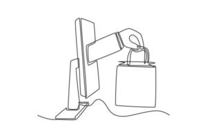 Continuous one line drawing Hand with a shopping bag coming out the computer's screen. Marketing Concept. Single line draw design vector graphic illustration.