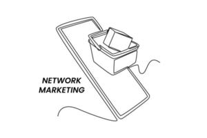 Continuous one line drawing package box in the shopping cart floats on the smartphone screen. Online shopping Concept. Single line draw design vector graphic illustration.