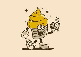 diseño ilustrativo de mascota de helado sosteniendo un cigarrillo vector