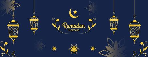 diseño de banner ramadan kareem con linterna y flores en color dorado sobre fondo azul vector