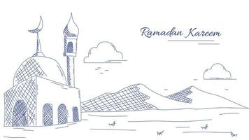 mosque and mountain sketch illustration for ramadan kareem vector