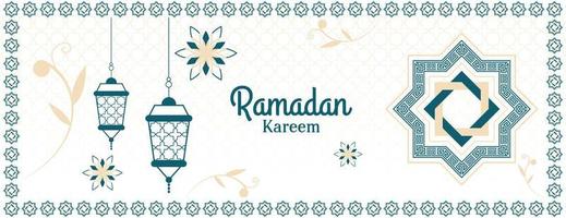 ramadan kareem banner design with lantern and flowers in pastel color. vector illustration