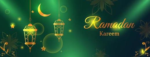 banner dorado de ramadan kareem con linterna, luna y flor sobre fondo verde vector