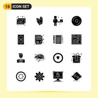 Pack of 16 Modern Solid Glyphs Signs and Symbols for Web Print Media such as mobile media camera dvd cd Editable Vector Design Elements