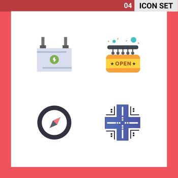Modern Set of 4 Flat Icons Pictograph of accumulator map power shop computing Editable Vector Design Elements