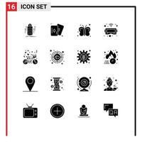 Group of 16 Solid Glyphs Signs and Symbols for heart couple fly bicycle goggles Editable Vector Design Elements