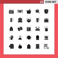 25 Thematic Vector Solid Glyphs and Editable Symbols of security shield checkout internet online search Editable Vector Design Elements