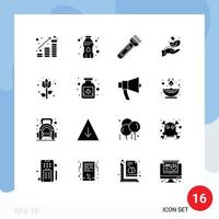 Group of 16 Modern Solid Glyphs Set for decoration hand torch grow hiking Editable Vector Design Elements