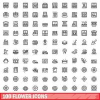 100 flower icons set, outline style vector