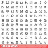 100 kid icons set, outline style vector